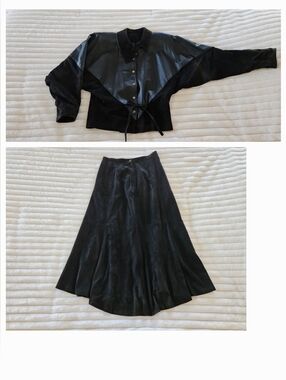 Vintage Leathercraft Process Leather Jacket & A-line Midi Skirt Black Womens 8